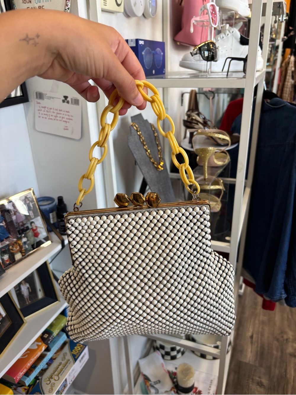 Vintage White Beaded Frame Top-Handle Bag with Yellow Chain Handle